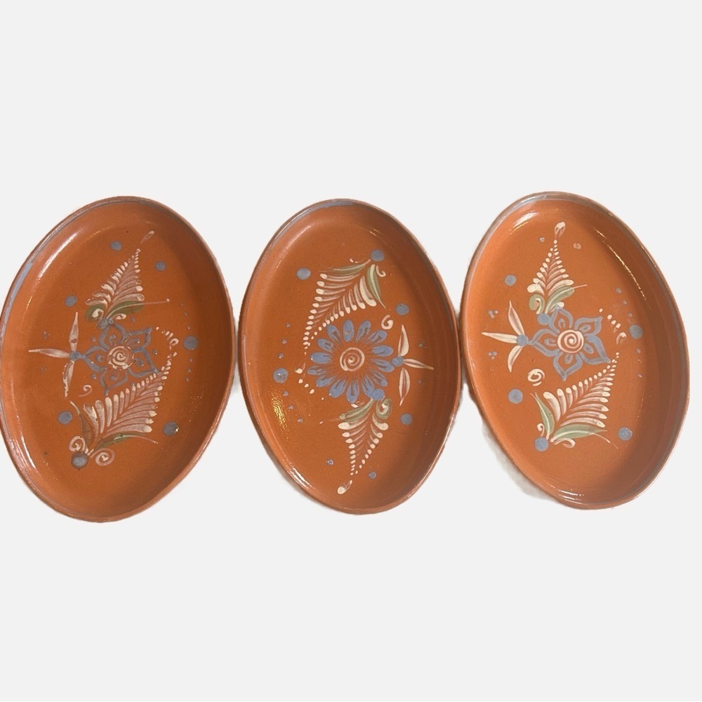 Vintage Large Terracotta Mexican El Palomar Oval Bowl Set of 3 Floral Lead Free